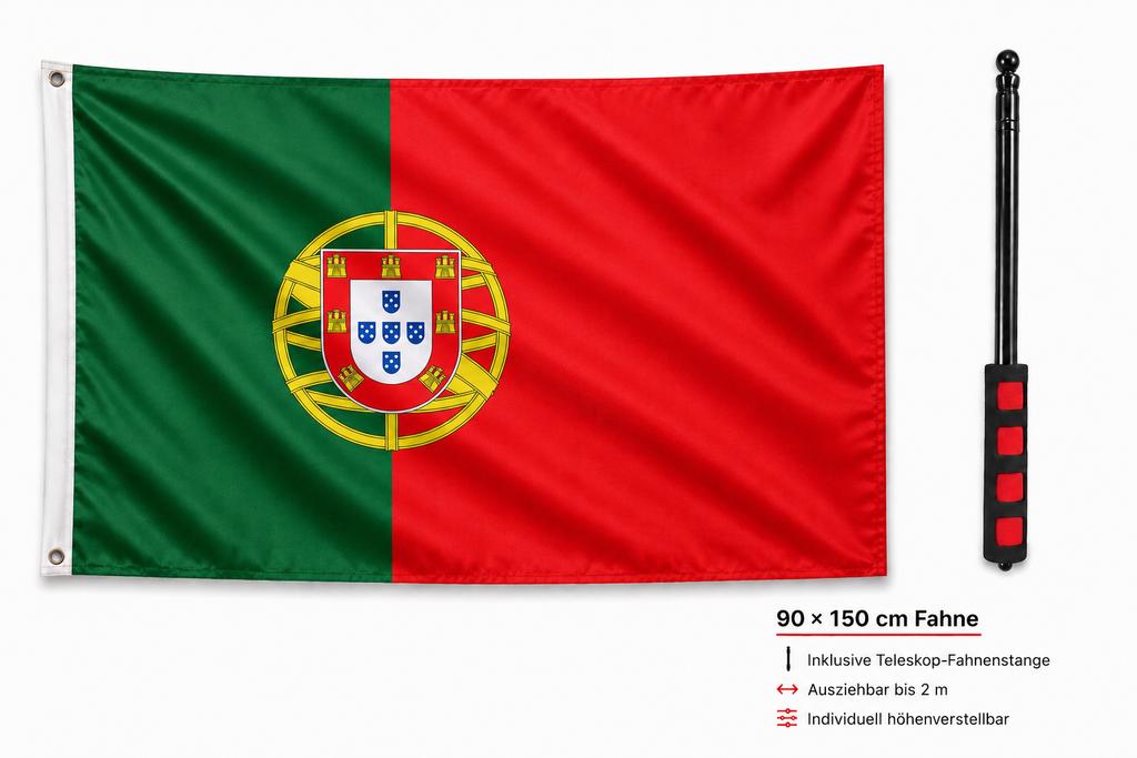 Portugal Flagge 90 × 150 cm inkl. Teleskop-Fahnenmast – Ausziehbar bis 2 m