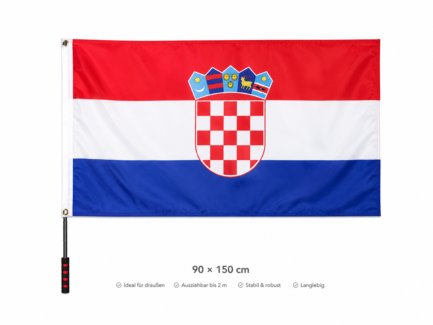 Kroatien Flagge 90 × 150 cm inkl. Teleskop-Fahnenmast – Ausziehbar bis 2 m