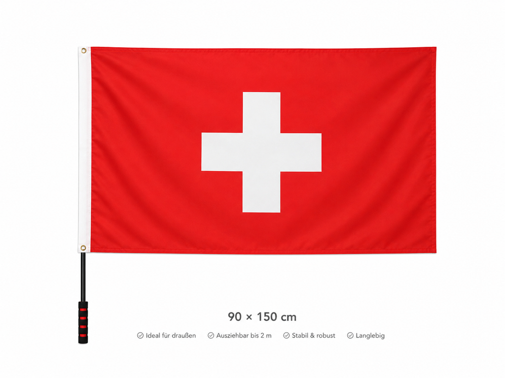 Schweiz Flagge 90 × 150 cm inkl. Teleskop-Fahnenmast – Ausziehbar bis 2 m