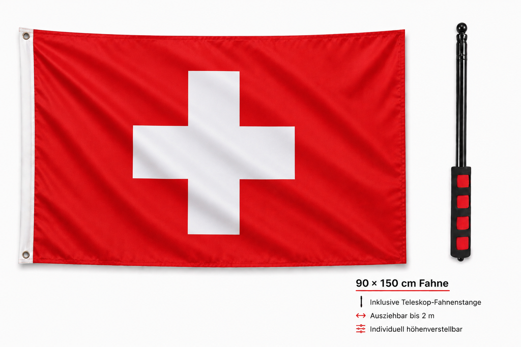Schweiz Flagge 90 × 150 cm inkl. Teleskop-Fahnenmast – Ausziehbar bis 2 m