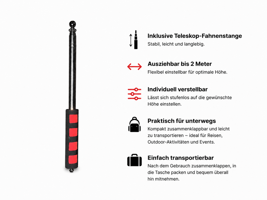 Schweiz Flagge 90 × 150 cm inkl. Teleskop-Fahnenmast – Ausziehbar bis 2 m