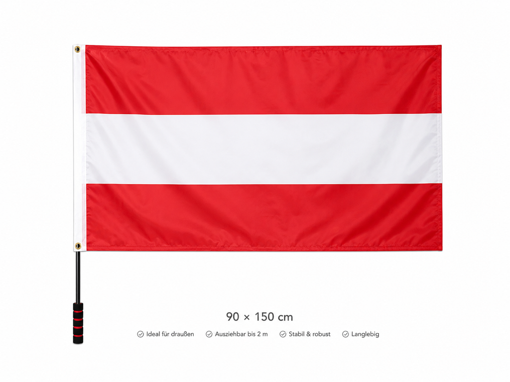 Österreich Flagge 90 × 150 cm inkl. Teleskop-Fahnenmast – Ausziehbar bis 2 m