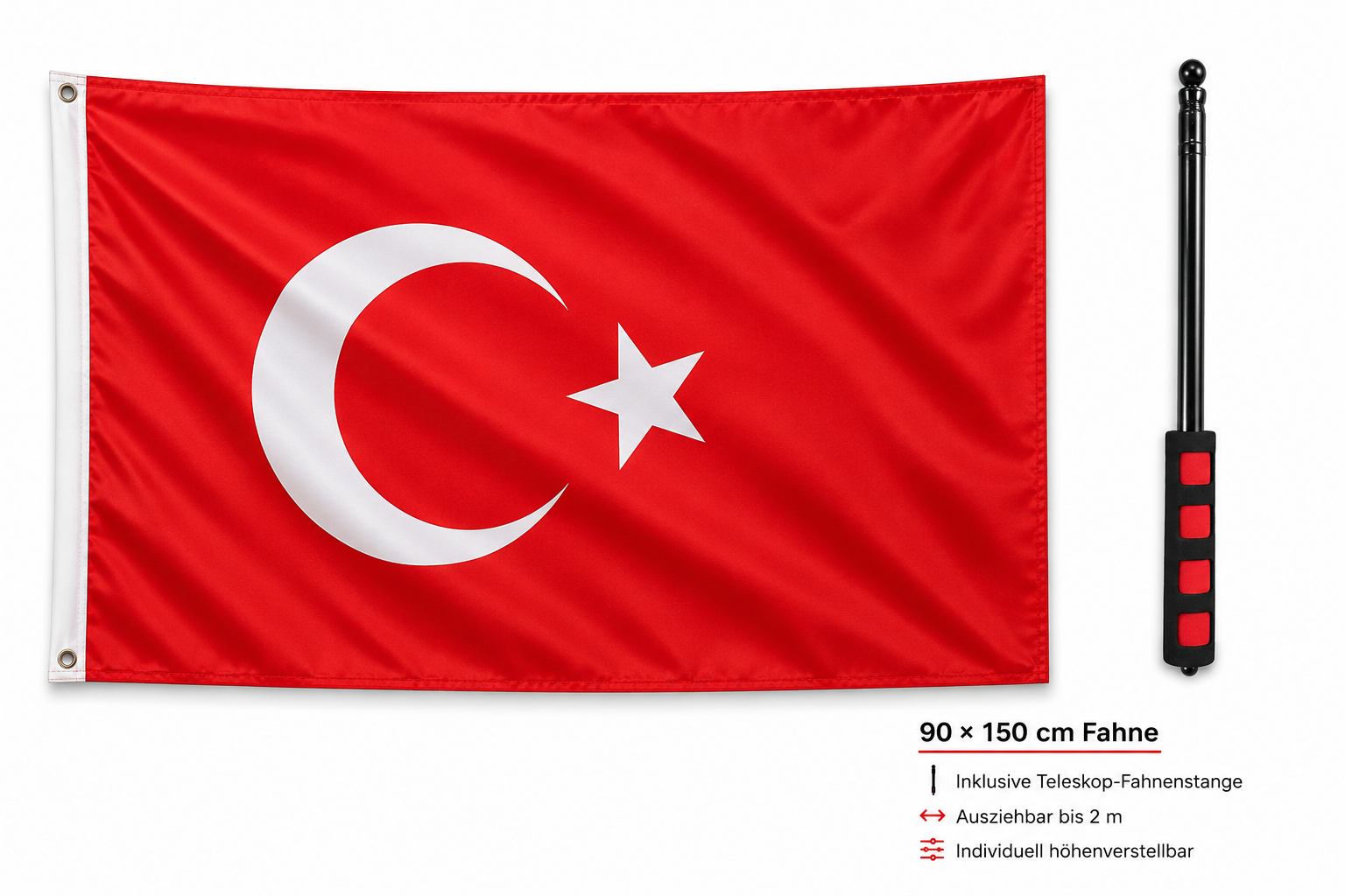 Türkei Flagge 90 × 150 cm inkl. ausziehbarem Teleskop-Fahnenmast