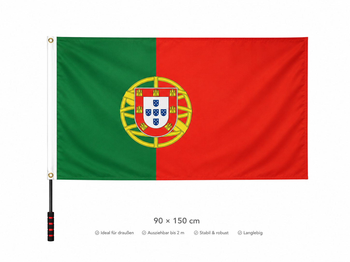 Portugal Flagge 90 × 150 cm inkl. Teleskop-Fahnenmast – Ausziehbar bis 2 m