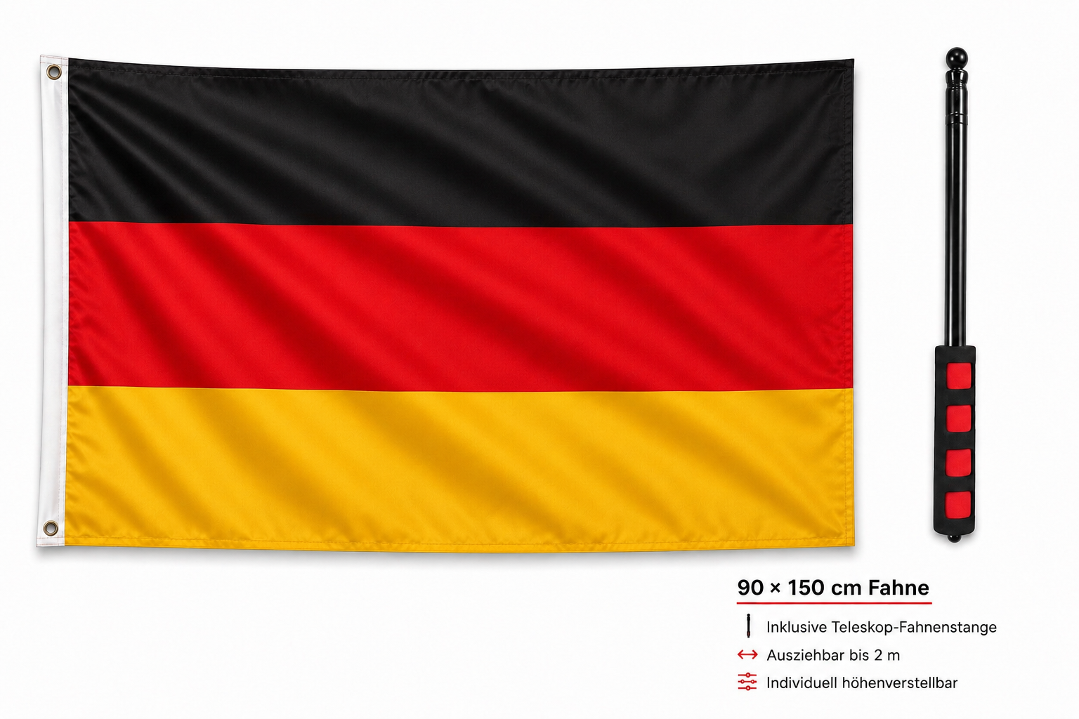 Deutschland Fanfahne 90 x 150 cm mit Ausziehbarer Fahnenmast bis 2 m