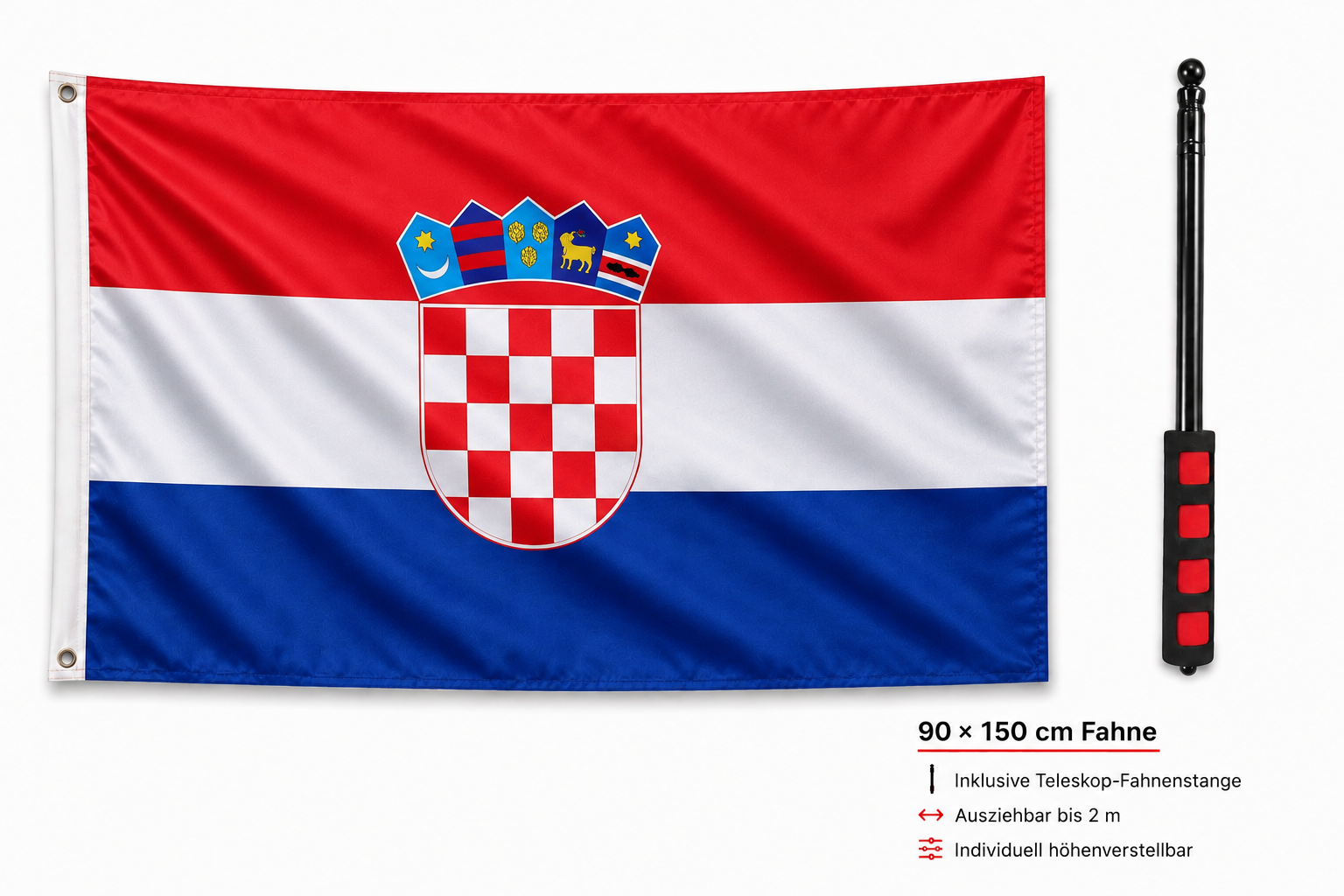 Kroatien Flagge 90 × 150 cm inkl. Teleskop-Fahnenmast – Ausziehbar bis 2 m
