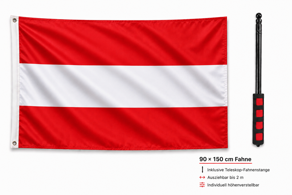 Österreich Flagge 90 × 150 cm inkl. Teleskop-Fahnenmast – Ausziehbar bis 2 m